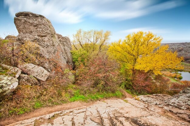 Een groot aantal steenmineralen bedekt met groene vegetatie ligt boven een kleine rivier in het pittoreske Oekraïne en zijn prachtige natuur