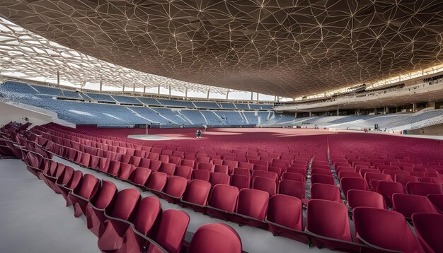 een groot auditorium met een grote rode stoelen die het woord op de bodem zegt