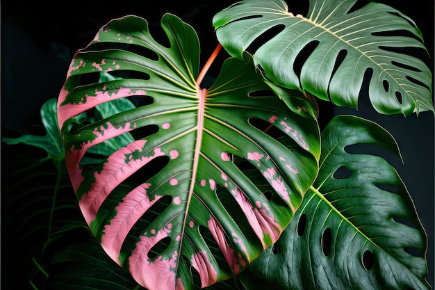 Foto een groot blad met roze en groene bladeren en het woord banaan erop.