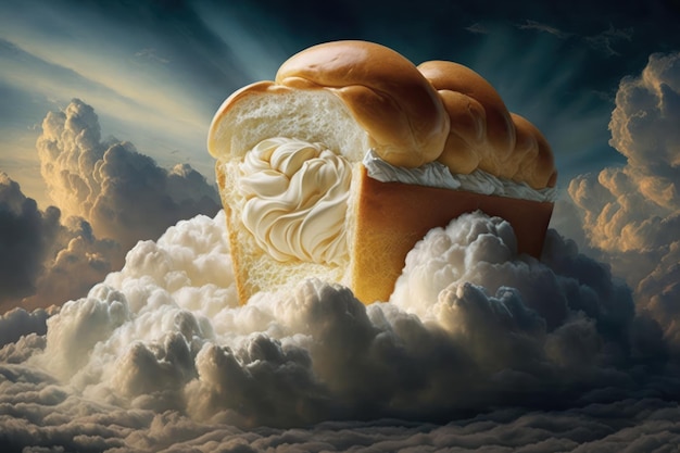 Een groot broodje met boter in de blauwe lucht tussen de wolken ai gegenereerd