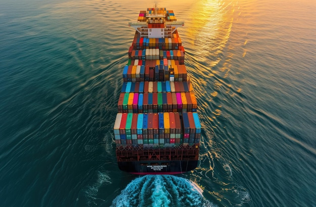 een groot containerschip draagt containers van verschillende kleuren