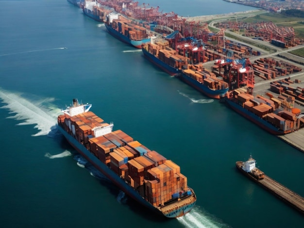 een groot containerschip zeilt in het water