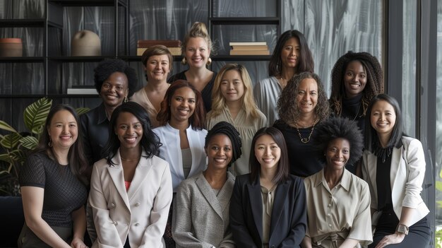 Een groot, divers team van vrouwen in een moderne kantooromgeving