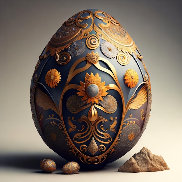 Een groot ei met gouden en blauwe ontwerpen en een gouden ontwerp.