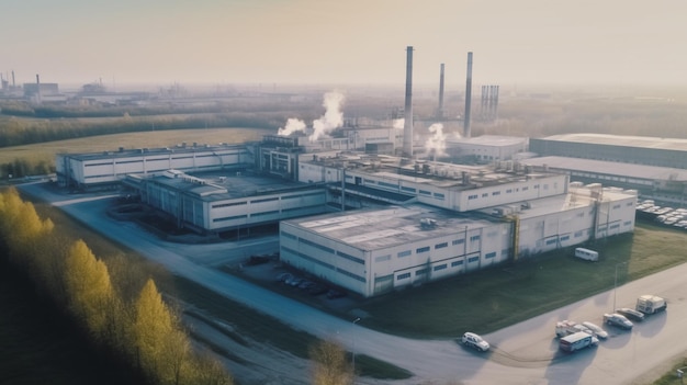 Een groot fabrieksgebouw met op de achtergrond een grote fabriek