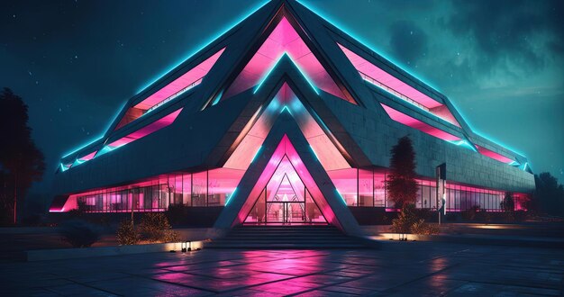 een groot futuristisch kantoorgebouw met neonlichten
