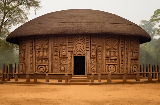 een groot gebouw gemaakt van rieten stro in de stijl van igbo ibo art kushan empire mbole art