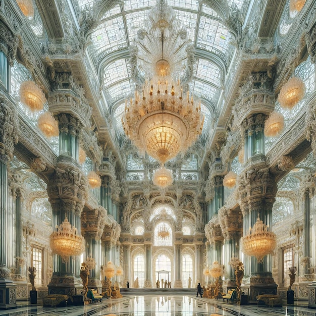 een groot gebouw met een groot plafond en een groot raam dat de naam van het paleis zegt