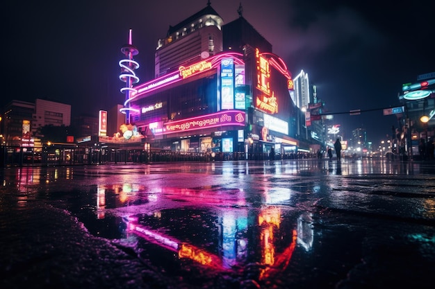 Een groot gebouw met neonlichten aan de zijkanten