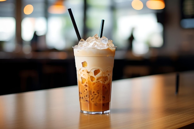 Een groot glas latte latte-koffie met melkroom op een houten toonbank boven een caféglazen raamreflex in een café-coffeeshop Koud brouwsel verfrissing zomerdrankje met kopieerruimte Selectieve focus