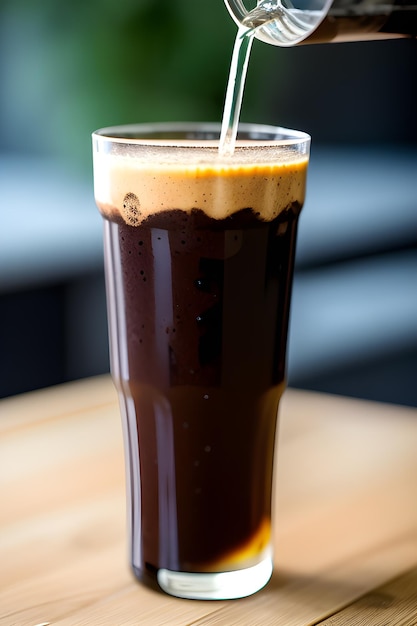 Een groot glas zwarte kraan, gemaakt van een shake, goed voor een warme dag