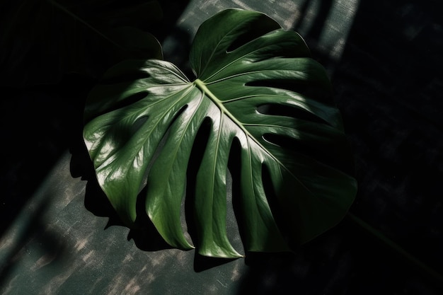 Een groot groen blad bovenop een houten tafel generatieve AI