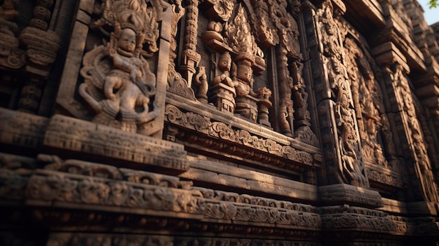 Een groot houtsnijwerk van Boeddha wordt op een muur tentoongesteld