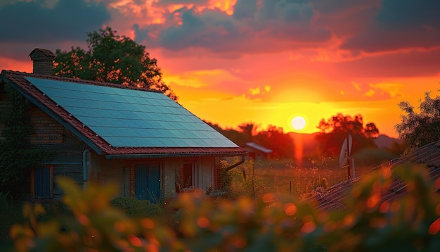 Foto een groot huis met een zonnepaneel dak en een veranda door ai gegenereerd beeld