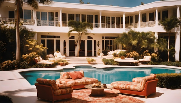 Foto een groot huis met een zwembad en een groot zwembad met een palmboom