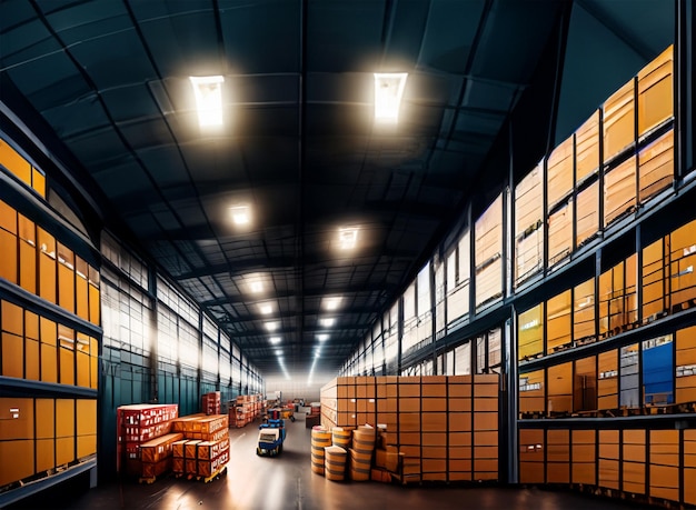 Een groot import-export magazijn gevuld met kratten met goederen, dozen en containers voor de logistieke industrie