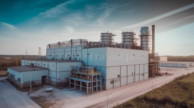 Een groot industrieel gebouw met een blauwe lucht en een weg op de achtergrond.