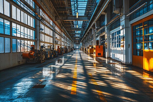 Foto een groot industrieel gebouw met een gele lijn op de vloer