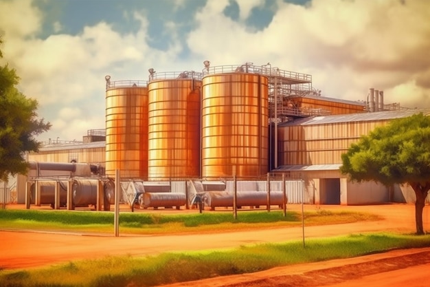 Een groot industrieel gebouw met gouden silo's op de achtergrond.