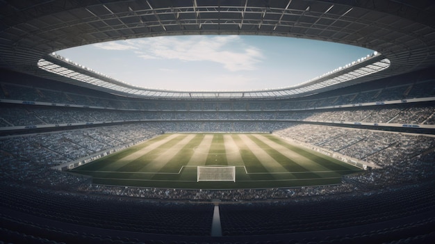 Een groot leeg stadion met veel lege stoelen en een blauwe lucht.