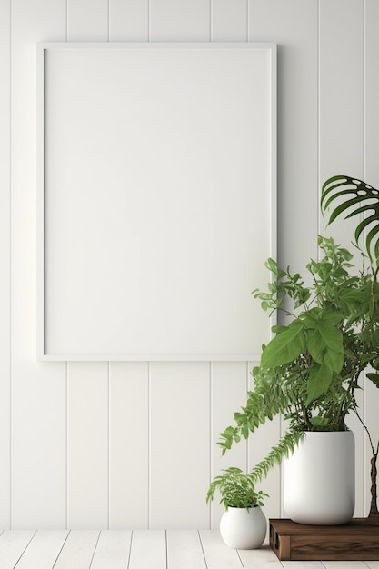Een groot leeg wit frame voor mockup met een plant erop wordt op een witte tafel geplaatst