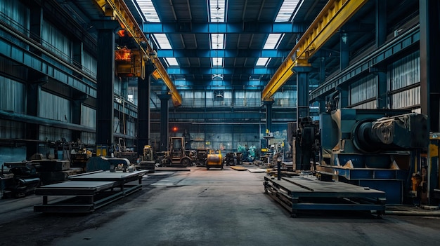 Foto een groot magazijn vol met activiteiten, gevuld met verschillende machines en apparatuur die voor industrieel werk worden gebruikt