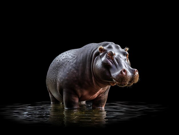 Een groot nijlpaard op een zwarte achtergrond Ai Generative