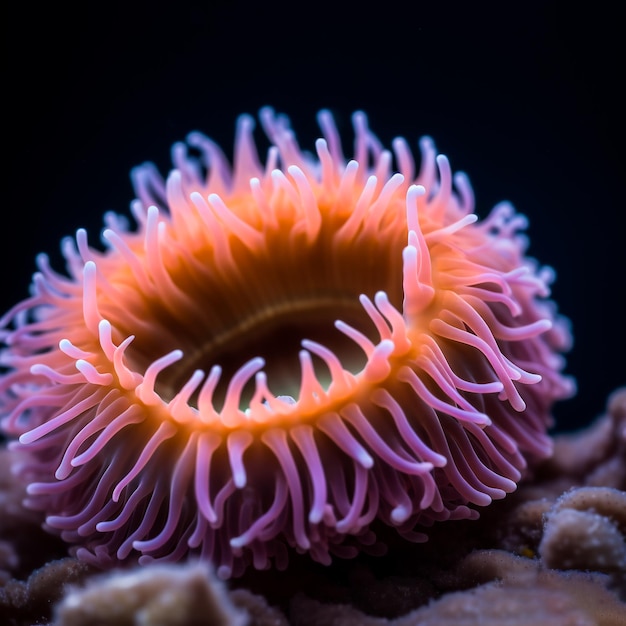 Een groot oranje en roze zeedier met lange dunne tentakels