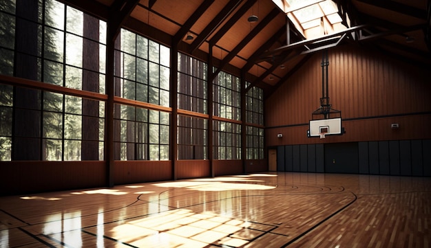 Een groot overdekt basketbalveld met een groot raam waarop 'het woord' staat.