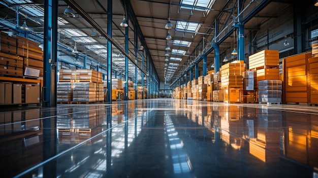 een groot pakhuis met een deur die helder licht inlaat