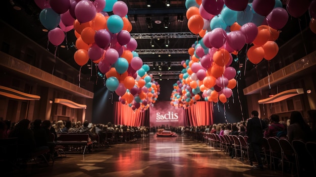 Een groot podium is opgesteld in een conferentiezaal die is voorzien van Generative AI