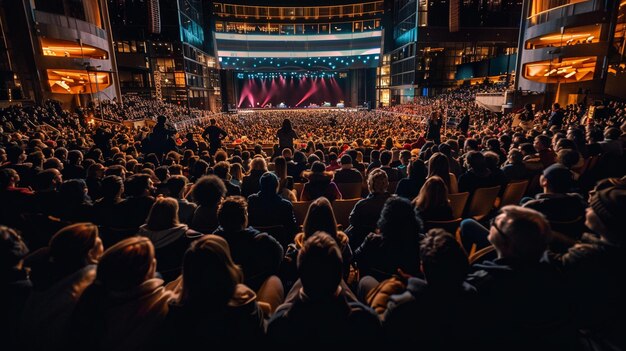 Foto een groot publiek kijkt naar het drukke nachtleven van de stad.