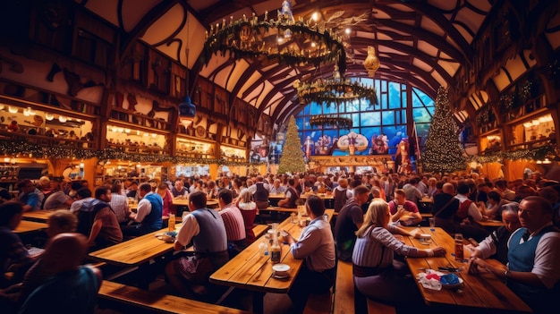 een groot restaurant met een grote menigte mensen die aan tafels zitten en een kerstboom op de achtergrond.