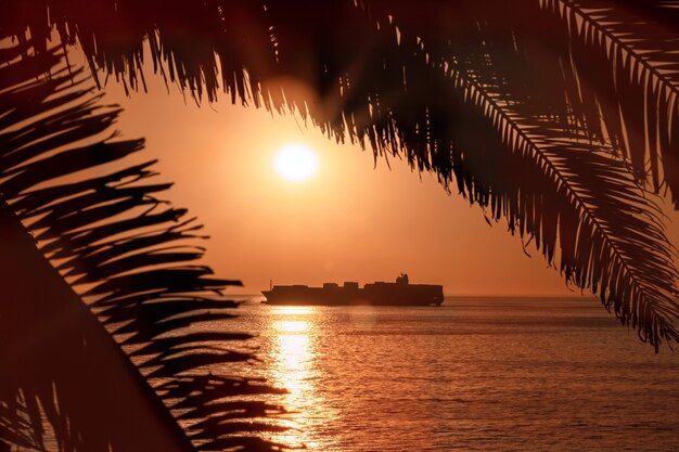 Een groot schip aan de horizon in de atlantische oceaan onder de felle zon en de rode zonsondergang. zonlichtreflectie op het water