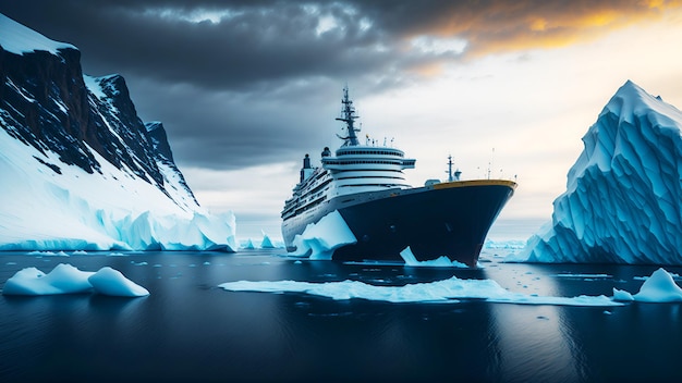 Een groot schip in de Arctische wateren te midden van ijs en sneeuw AI generatie