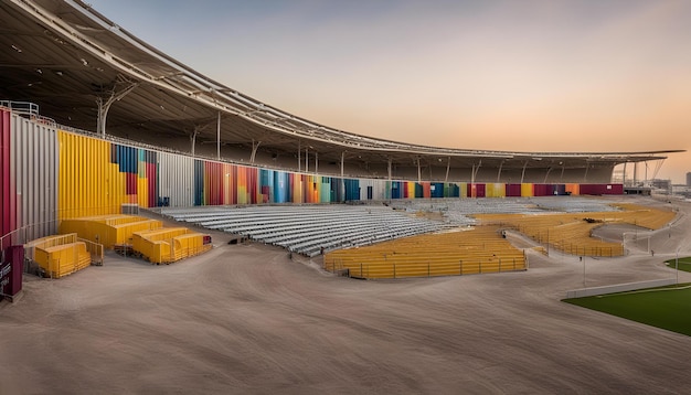 Foto een groot sportstadion met een gele container die zegt strandgangers