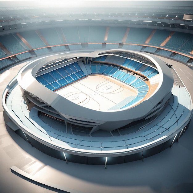 Een groot stadion met een blauw-wit ontwerp in het midden.