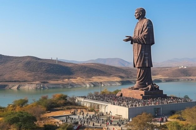 een groot standbeeld van een man voor een rivier met een rivier op de achtergrond