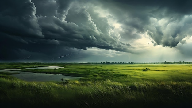 een groot veld van groen gras met een kleurrijke Generative AI