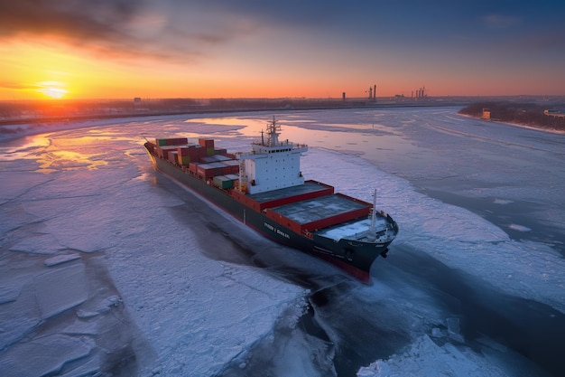 Een groot vrachtschip dat over een bevroren meer vaart generatief ai-beeld