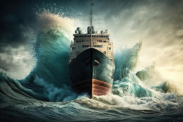 Foto een groot vrachtschip snijdt een golf in de zee met de boeg van het schip een storm in de zee