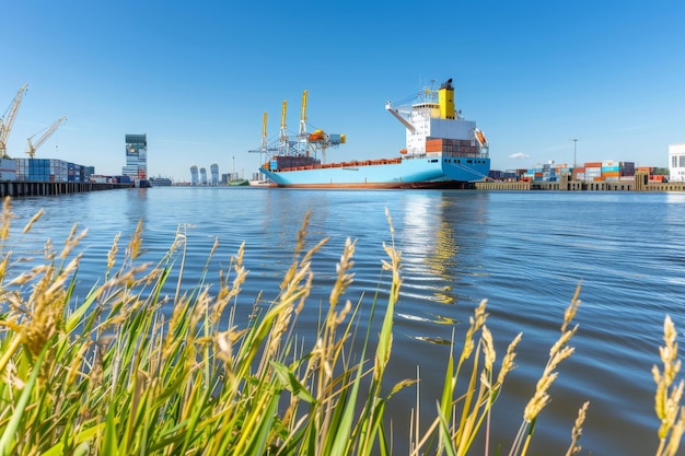 Een groot vrachtschip vol met containers aan een containerterminal op een zonnige zomerdag R