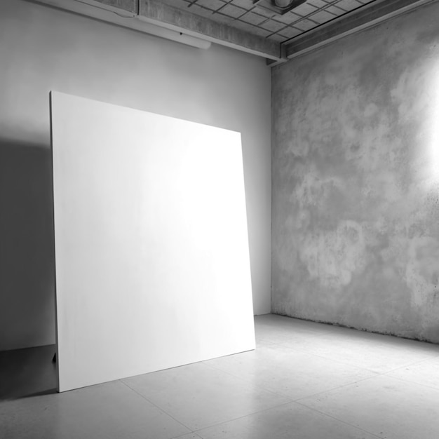 Een groot wit canvas hangt in een kamer met een raam op de achtergrond.