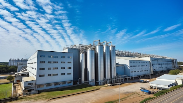 Een groot wit gebouw met een blauwe lucht op de achtergrond