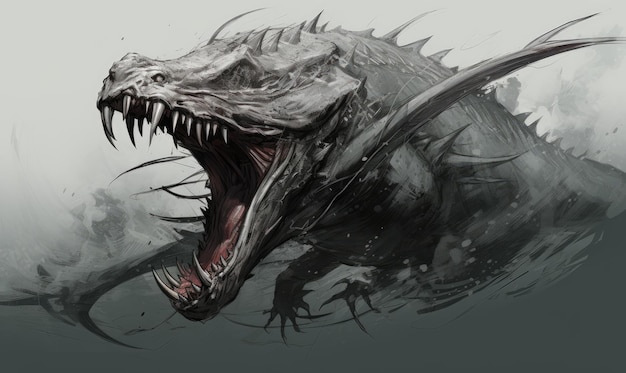 Een groot wit monster met scherpe tanden in het water.