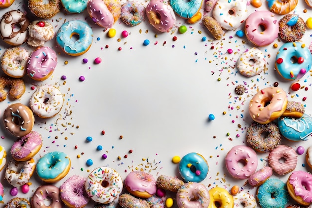 Een groot wit ovaal is omringd door een overvloed aan kleurrijke donuts in verschillende maten en smaken