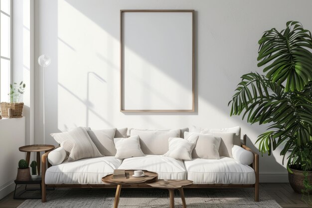 Een groot wit schilderij op de muur in een minimalistische kamer is een opvallend visueel element