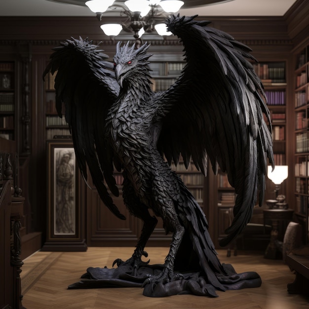 een groot zwart vogelbeeld midden in een bibliotheek