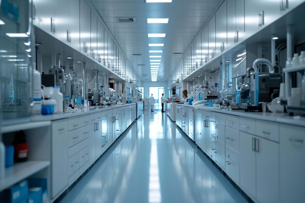 Een groothoekbeeld van een schoon en modern laboratoriuminterieur met wetenschappers die onderzoek doen