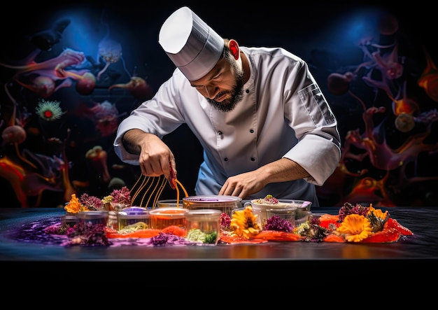 Een groothoekopname van een chef-kok die een gerecht op tafel zet in een moderne avant-gardestijl met abstractie